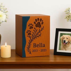 Urne pour animal de compagnie en bois faite main : souvenir empreinte de patte vague océan