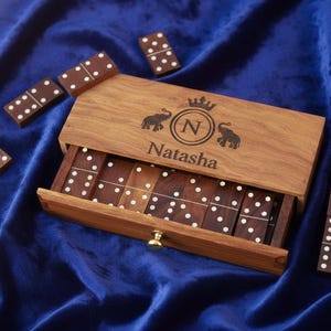 Personalized Rosewood Domino Set with Custom Name | Handmade Wooden Domino Box Gift | Engraved Dominoes Game Set