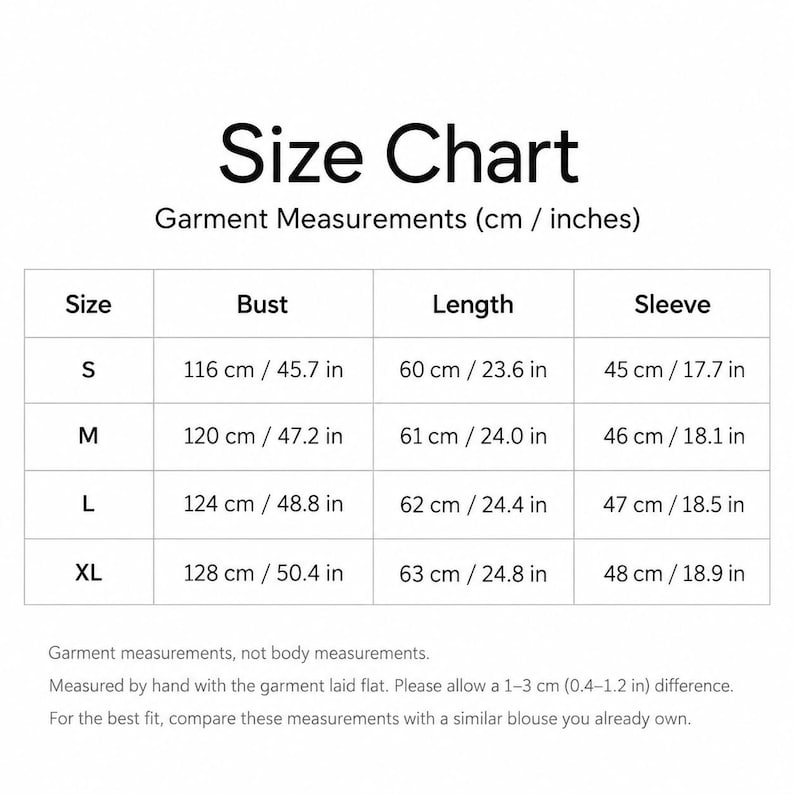 May include: A size chart for a garment with columns for size, bust, length, and sleeve measurements in both centimeters and inches. It lists sizes S, M, L, and XL with specific values for each, noting that these are garment measurements.