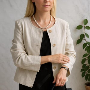 Women&#39;s Linen Blazer – Lightweight Cropped Summer Jacket – Button-Up Cardigan Style – Natural Linen Outerwear with Minimalist Elegance