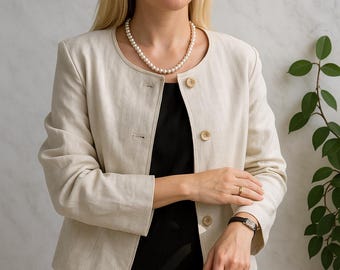 Damen Leinen Blazer – Leichte Kurz Sommerjacke – Durchgeknöpfter Cardigan Stil – Natürliche Leinen Oberbekleidung mit minimalistischer Eleganz