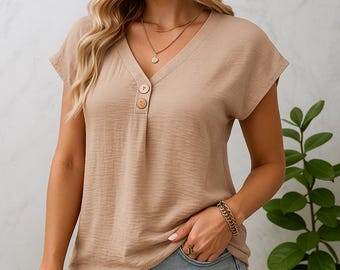 Women’s Boho V-Neck Top – Lightweight Smocked Summer Blouse with Buttons – Soft Bohemian Festival Shirt for Women