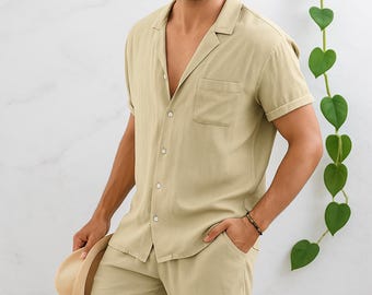 Completo estivo da uomo in lino, 2 pezzi: camicia a maniche corte e pantaloncini con coulisse, completo casual leggero da spiaggia, abbigliamento da casa per le vacanze