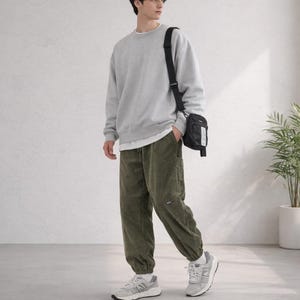 Corduroy Jogger Pants for Men | Loose Fit Streetwear Sweatpants | Drawstring Waist Casual Trousers | Fall Winter Warm Pants