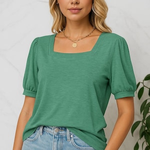 Square Neck Puff Sleeve Top for Women – Casual Loose Fit T-Shirt Blouse | Short Sleeve Cotton Blend Shirt for Spring & Summer