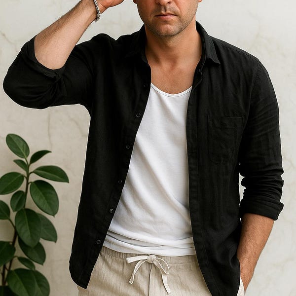 Men's Linen Cotton Beach Shirt: Lightweight Breathable Button-Up