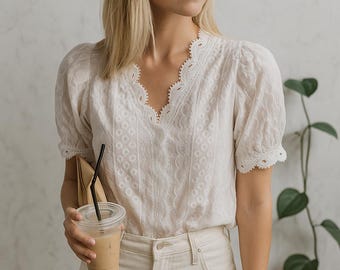 White Lace Blouse for Women, V-Neck Summer Top, Short Sleeve Elegant Shirt, Boho Style White Blouse, Casual Feminine Top, Gift for Her