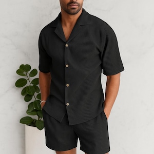Men’s Ribbed Summer Set – 2 Piece Outfit with Short Sleeve Button Shirt & Shorts, Lightweight Lounge Matching Set, Vacation Wear