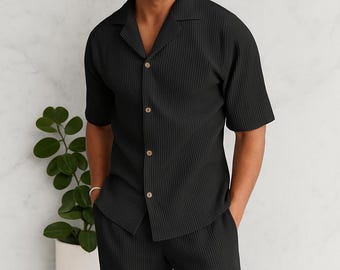 Men’s Ribbed Summer Set – 2 Piece Outfit with Short Sleeve Button Shirt & Shorts, Lightweight Lounge Matching Set, Vacation Wear
