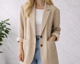 Oversized Linen Blazer Women, Loose Fit Jacket with Pockets, Minimal Boxy Linen Cardigan, Casual Summer Blazer, Beige Lightweight Jacket