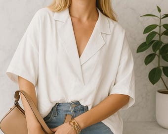 Breathable Cotton Gauze V-Neck Top for Women – Soft & Airy Summer Blouse – Loose Fit Casual Shirt with Short Sleeves
