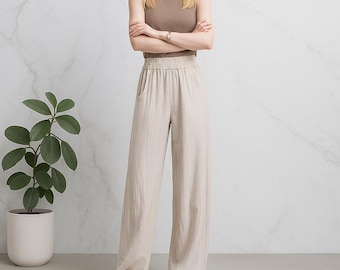 Women's Wide-Leg Viscose Pants – High Waist Summer Trousers with Pockets, Lightweight Loose Fit, Casual Plus Size Pants S-4XL