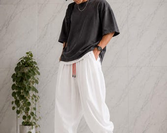 Mens Linen Blend Harem Joggers, Baggy Drop Crotch Pants, Loose Fit Tapered Drawstring Casual Streetwear Trousers