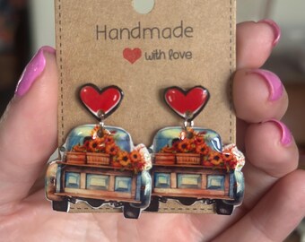 Handmade Fall Truck Dangle Earrings: Sterling Silver, Sunflower Design