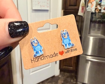 Pendientes de botón con perro de dibujos animados azul / Joyería infantil hecha a mano