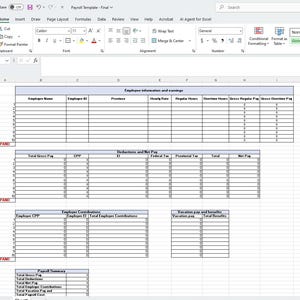 Può includere: Uno screenshot di un modello di busta paga in Microsoft Excel. Il foglio di calcolo include sezioni per le informazioni sui dipendenti, le detrazioni e un riepilogo della busta paga. Il modello è progettato per tenere traccia dei guadagni e delle detrazioni dei dipendenti.