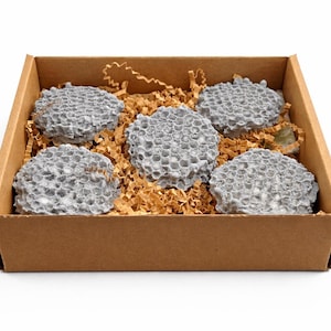 May include: A cardboard box filled with five gray, honeycomb-shaped objects. The objects are nestled in brown crinkle paper. The box is open, revealing the contents against a white background. The objects appear to be soap or bath bombs.
