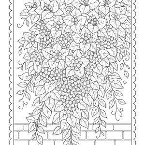 May include: Black and white line art illustration of a floral design. The image features a detailed drawing of flowers, leaves, and vines, with a brick wall at the bottom. The artwork is enclosed within a decorative, scalloped border.