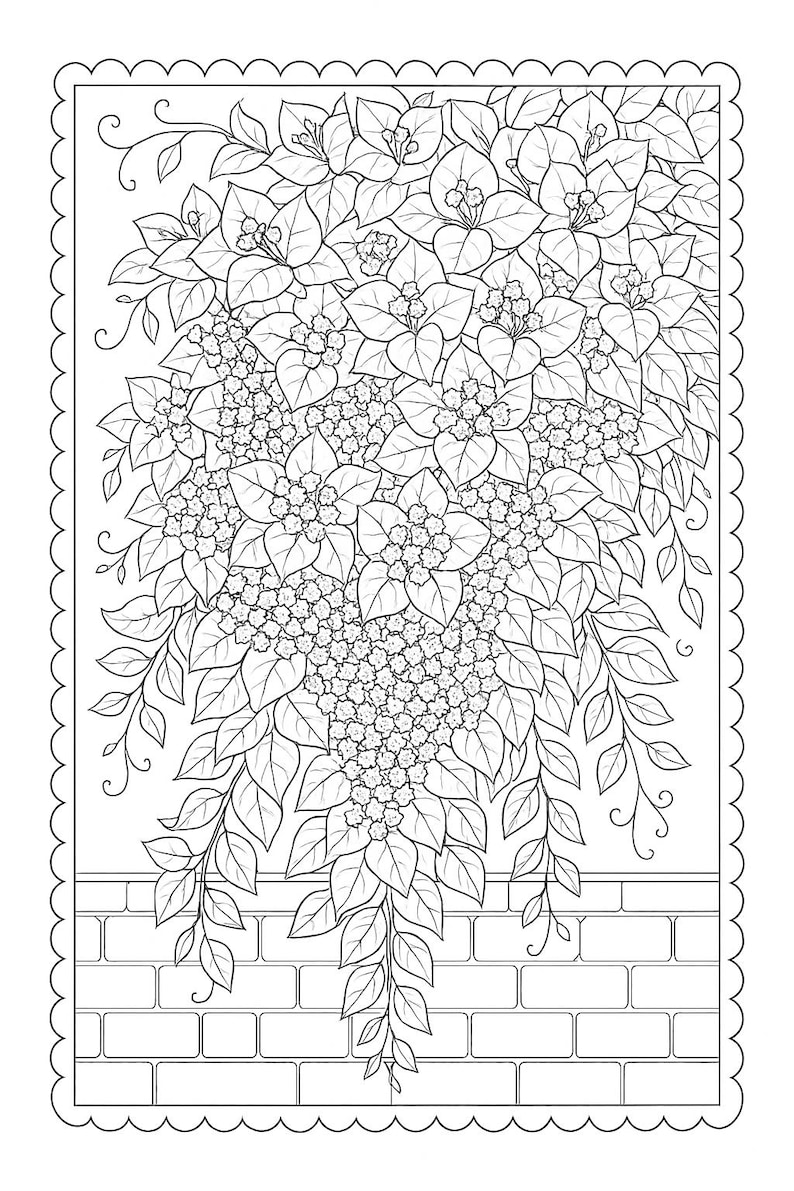 May include: Black and white line art illustration of a floral design. The image features a detailed drawing of flowers, leaves, and vines, with a brick wall at the bottom. The artwork is enclosed within a decorative, scalloped border.