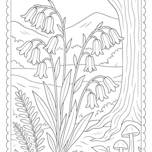 May include: Black and white line art illustration of a nature scene with flowers, a tree, and mushrooms. The image is framed with a scalloped border. The flowers have bell-shaped blooms, and the tree has a textured trunk.