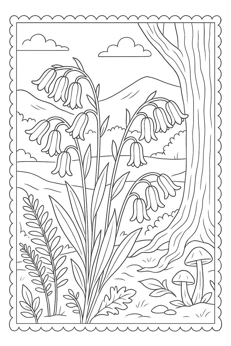 May include: Black and white line art illustration of a nature scene with flowers, a tree, and mushrooms. The image is framed with a scalloped border. The flowers have bell-shaped blooms, and the tree has a textured trunk.