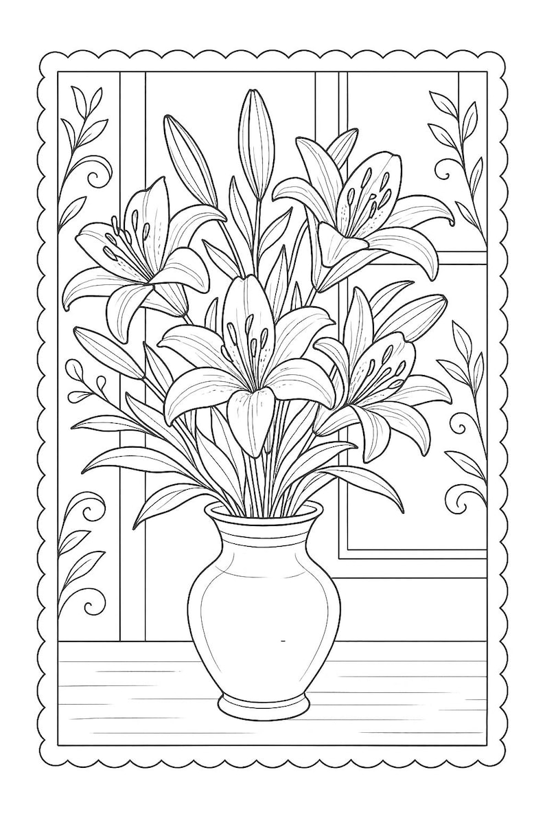 May include: Black and white line art illustration of a vase filled with lilies. The vase sits on a table in front of a window. The image is framed with a decorative border and includes floral accents.