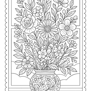 May include: Black and white line art illustration of a floral arrangement in a vase. The vase is filled with various flowers and leaves, set against a window frame with a scalloped border. The image is suitable for coloring.