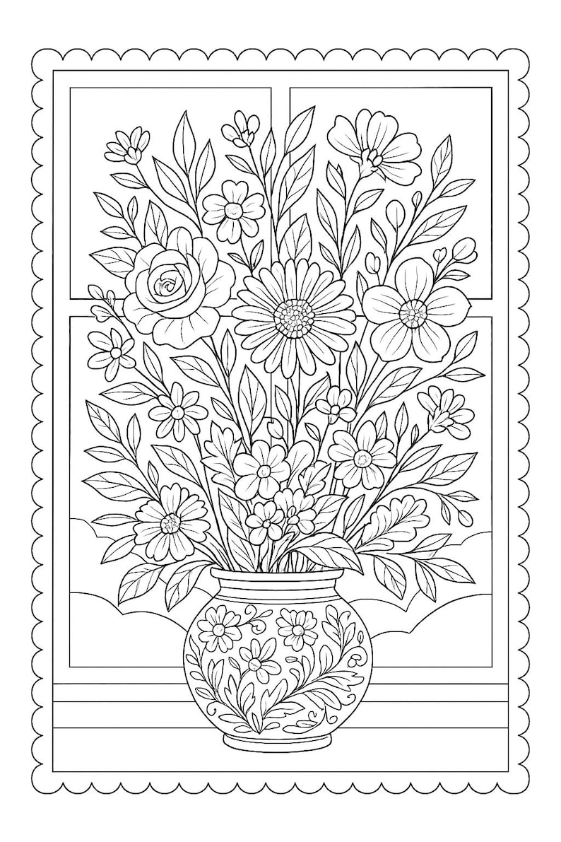 May include: Black and white line art illustration of a floral arrangement in a vase. The vase is filled with various flowers and leaves, set against a window frame with a scalloped border. The image is suitable for coloring.