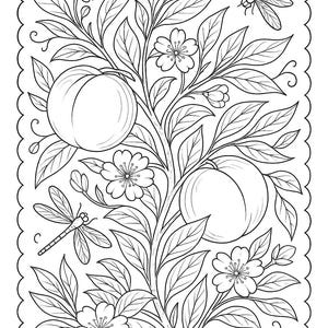 May include: Black and white line art illustration of a peach tree with two peaches, flowers, leaves, and two dragonflies. The image has a scalloped border, suitable for coloring or decorative use.