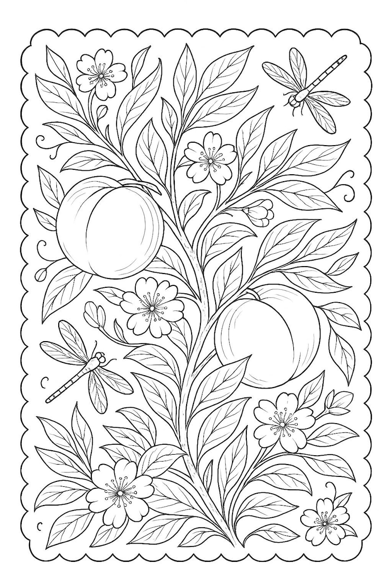 May include: Black and white line art illustration of a peach tree with two peaches, flowers, leaves, and two dragonflies. The image has a scalloped border, suitable for coloring or decorative use.