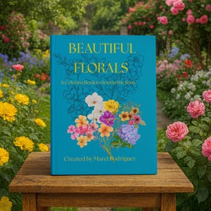 May include: A teal coloring book titled "BEAUTIFUL FLORALS" with a floral illustration. The book is on a wooden table in a garden setting. The text "A Coloring Book to Soothe the Soul" and the author's name are also visible.