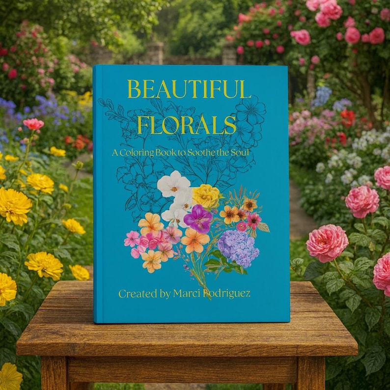 May include: A teal coloring book titled "BEAUTIFUL FLORALS" with a floral illustration. The book is on a wooden table in a garden setting. The text "A Coloring Book to Soothe the Soul" and the author's name are also visible.