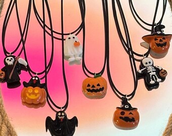 Handmade Halloween Charm Necklace: Ghost, Pumpkin, Bat, Skeleton