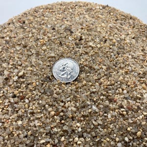 May include: A close-up of a pile of small, light-colored gravel. A US quarter coin is placed on top of the gravel for size comparison. The gravel appears to be a mix of beige, tan, and clear stones.