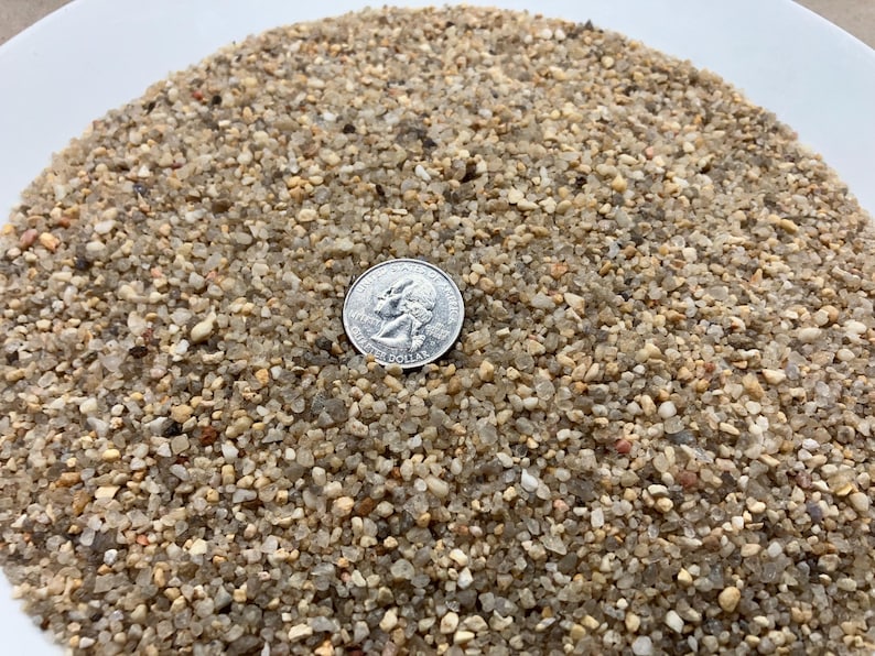 May include: A close-up of a pile of small, light-colored gravel. A US quarter coin is placed on top of the gravel for size comparison. The gravel appears to be a mix of beige, tan, and clear stones.