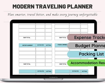 May include: A laptop screen displaying a Modern Traveling Planner with columns for estimated and actual costs. Text labels include Expense Tracker, Budget Planner, Packing List, and Accommodation Research, with subtotal rows.