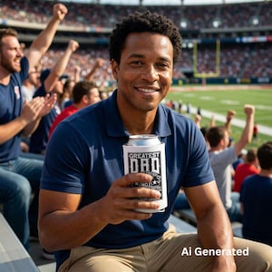 Könnte beinhalten: Ein Mann in einem marineblauen Poloshirt lächelt und hält einen weißen Getränkekühler mit dem Text "GREATEST DAD" und "NO. 1 EDITION". Der Hintergrund zeigt ein Stadion mit jubelnden Fans.
