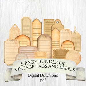 May include: A collection of various tan and beige paper tags and labels with horizontal lines, featuring diverse shapes including rectangular, scalloped, and rounded edges. A banner at the bottom displays the text 8 PAGE BUNDLE OF VINTAGE TAGS AND LABELS Digital Download pdf.