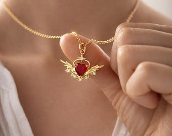 Gold Plated Angel Wings Heart Necklace, Red Cubic Zirconia Pendant, Gothic Heart Necklace with Wings, Celestial Jewelry