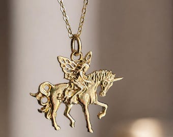Gold Unicorn Fairy Necklace, Fantasy Jewelry, Witchy Jewelry, Equestrian Jewelry, Gold Plated Fairy Charm Necklace, Whimsical Necklace