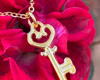 Gold Heart Key Pendant Necklace, Minimalist Symbolic Jewelry, Delicate Everyday Necklace