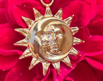 Gold Sun and Moon Face Pendant Necklace, Gift for Her, Celestial Necklace