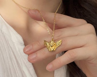 Gold Baby Angel Necklace, Guardian Angel Necklace, Cherub Charm Pendant