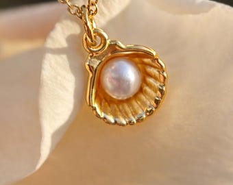 Gold Plated Seashell Pearl Pendant Necklace, Ocean Jewelry