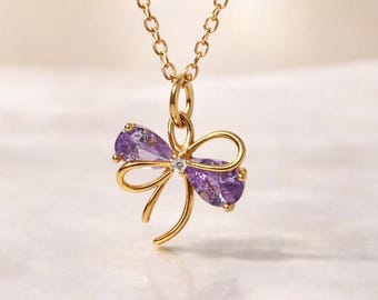 Dainty Ribbon Bow Necklace, Gold Ribbon Pendant, Purple Necklace with Cubic Zirconia, Minimalist Cute Jewelry