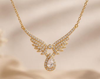 Gold Angel Wings Necklace, Pear Cut CZ Pendant, Dainty Celestial Jewelry