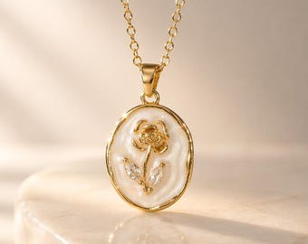 Gold Enamel Rose Flower Necklace, Mother of Pearl Look Oval Pendant, Romantic Floral Jewelry, Gift for Her, Mothers Day Gift