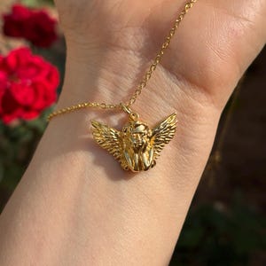 May include: A gold-colored necklace featuring a pendant of a cherub with detailed wings. The cherub's face is visible, and the necklace chain is delicate. The background includes a blurred view of red flowers and skin.