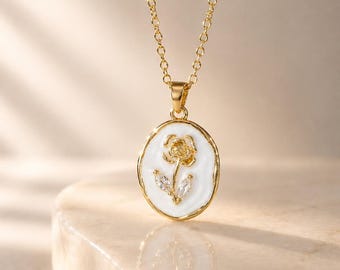 Gold Enamel Rose Oval Pendant Necklace, Mother of Pearl Look, Flower Necklace, Romantic Floral Jewelry, Gift for Her, Dainty Jewelry