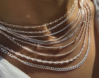 Collar de cadena de plata de ley 925, delicada cadena de plata, cadena minimalista para combinar, collar de cadena de plata para mujer, varios estilos de cadena